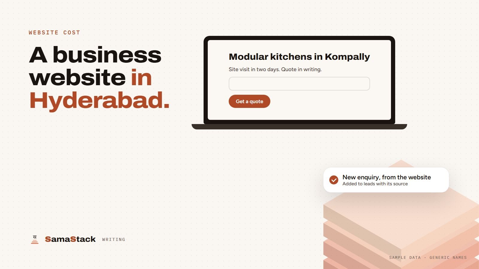 A laptop showing a business website with an enquiry form, and an enquiry landing in the back office with its source.