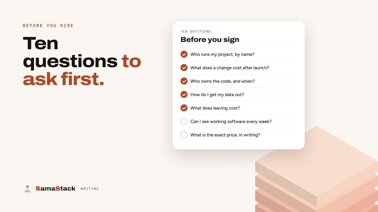 A checklist card of questions to ask a software company before hiring, with most items ticked.